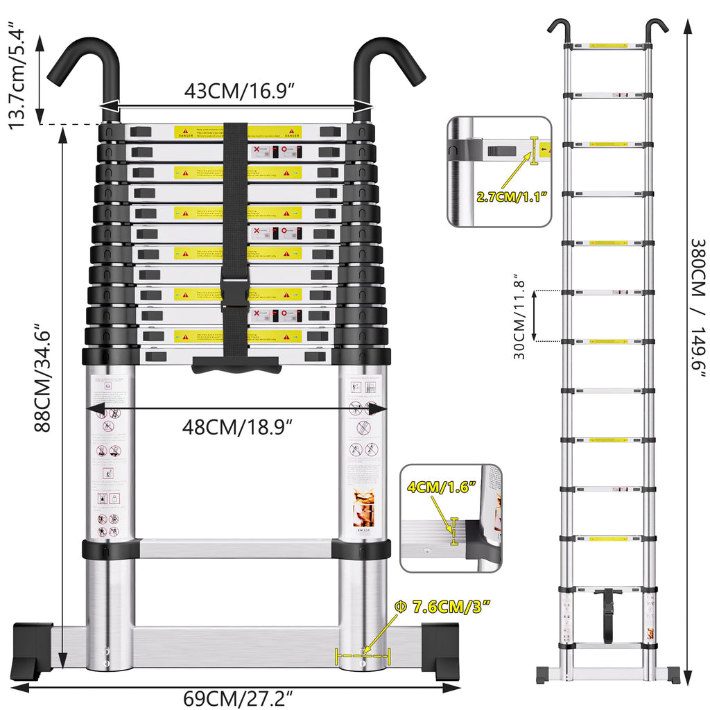 SIMPDIY 3,8M Teleskopleiter, Aluleiter ausziehbar mit Stabilisator, Leiter Ausziehbar mit Haken, 13 Sprossen, für Hause, Wohnmobil und Freien, Tragkraft 150 kg