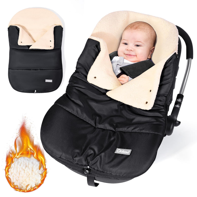 Orzbow Fußsack Babyschale Winter, Universell Einschlagdecke Babyschale Winter mit Verstellbarem Kragen, Warmes Berbervlies Futter, Reißverschluss, passend für Maxi-Cosi, Cybex, Römer usm. (Schwarz)