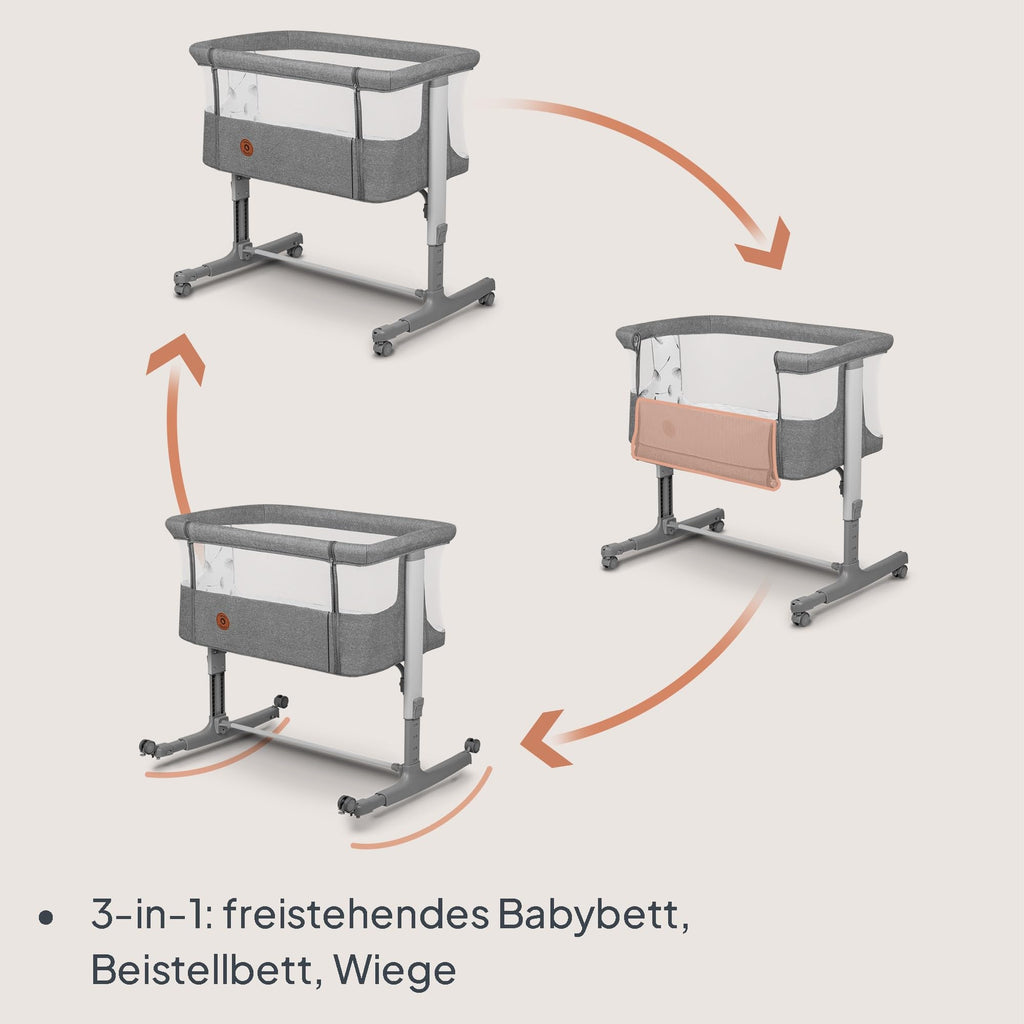 Lionelo Aurora 3 in 1 Babybett bis 9 kg, Beistellbett, Wiege, Höhenverstellug und Einstellung der Neigung der Matratze, 4 Räder mit Bremse Ergonomische Matratze Tasche