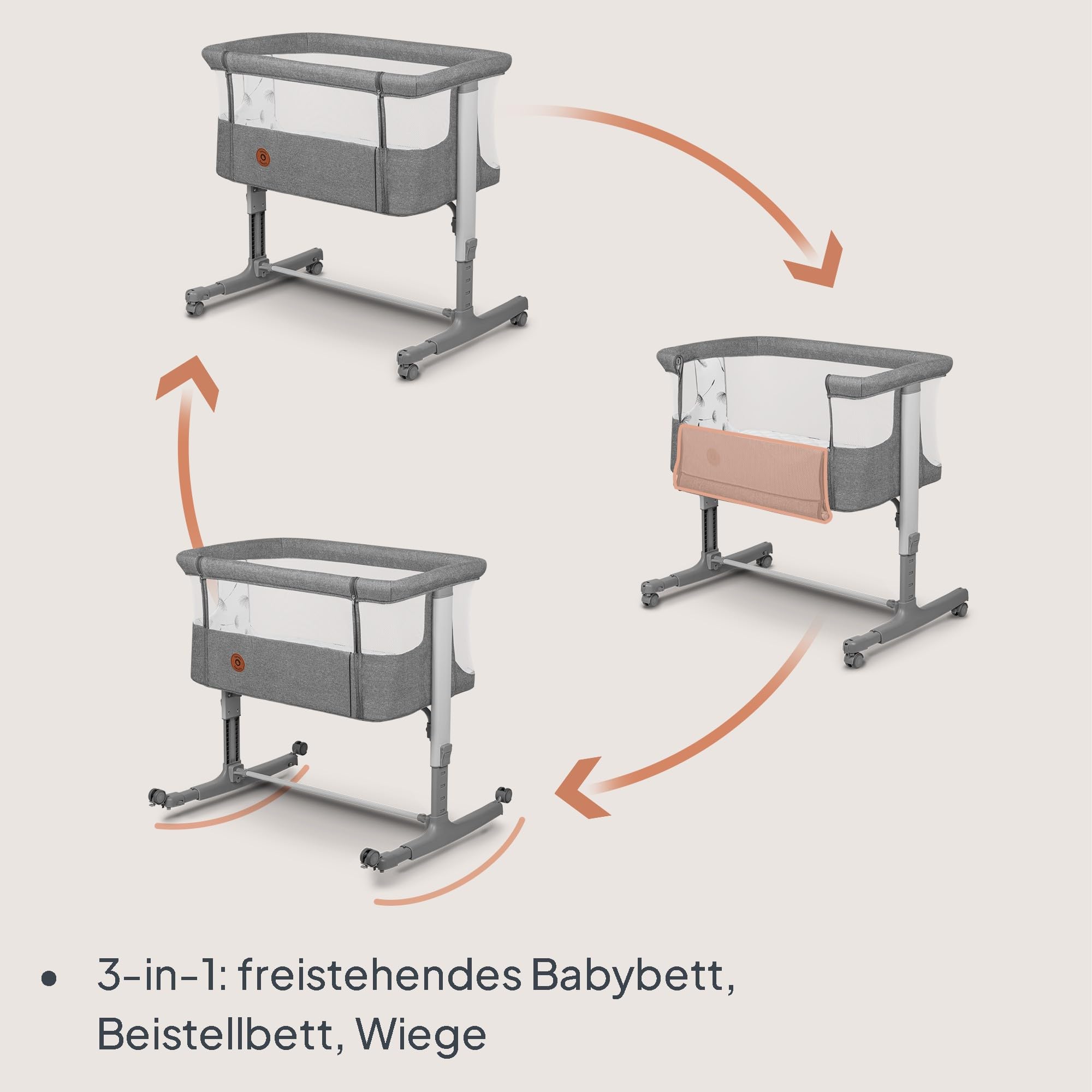 Lionelo Aurora 3 in 1 Babybett bis 9 kg, Beistellbett, Wiege, Höhenverstellug und Einstellung der Neigung der Matratze, 4 Räder mit Bremse Ergonomische Matratze Tasche