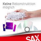Sax Aktenvernichter Bruno – Partikelschnitt 3x18mm, Schreddert Papier, CDs & Karten, 220mm Zuführungsöffnung, 2 Blatt A4 Kapazität, 3,5L Behälter, Leise bis 70dB, Ideal für Büro & Home-Office
