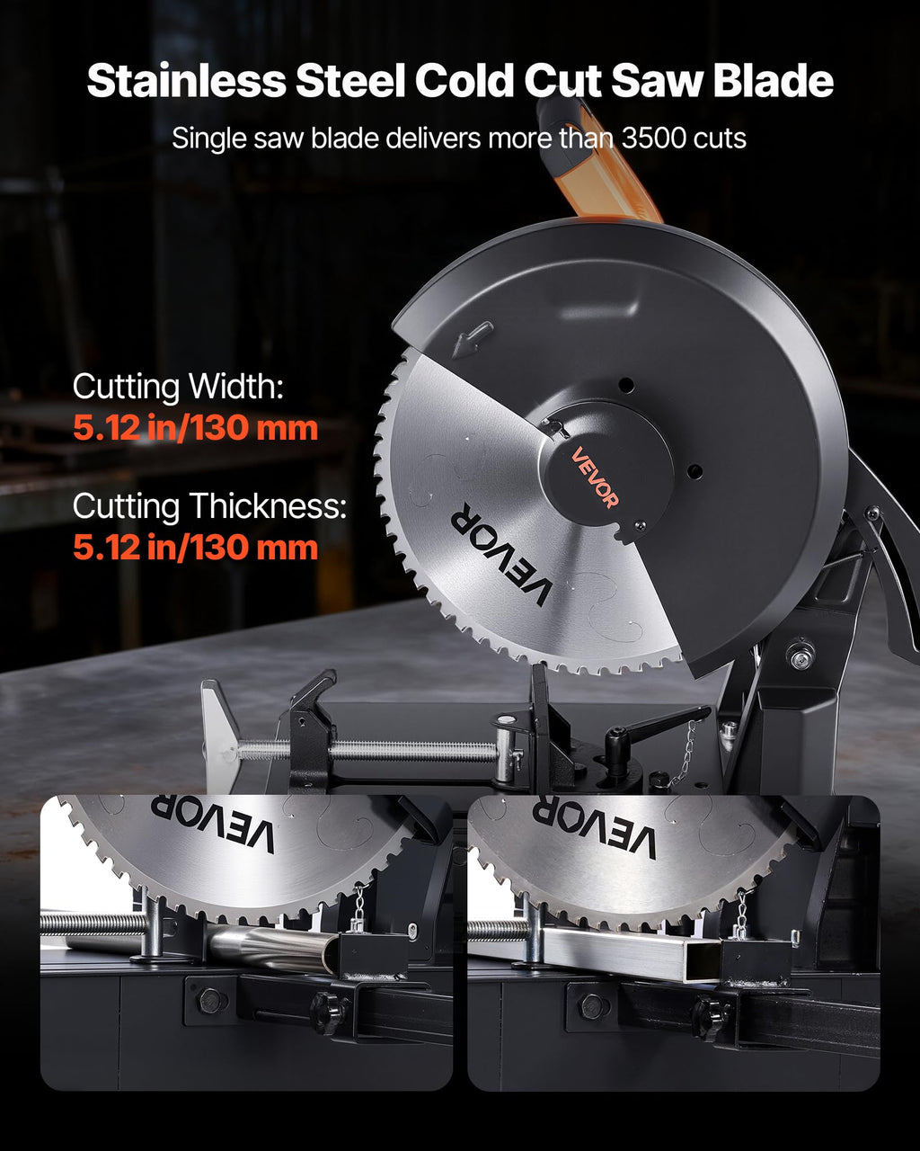 VEVOR Kappsäge Gehrungssäge mit 355 mm Edelstahl-Kaltschnittsägeblatt & 3500 W bürstenlosem Motor & 750–1200 U/min, Metallkappsäge für quadratische & flache Metallrohre, I-förmige Stähle