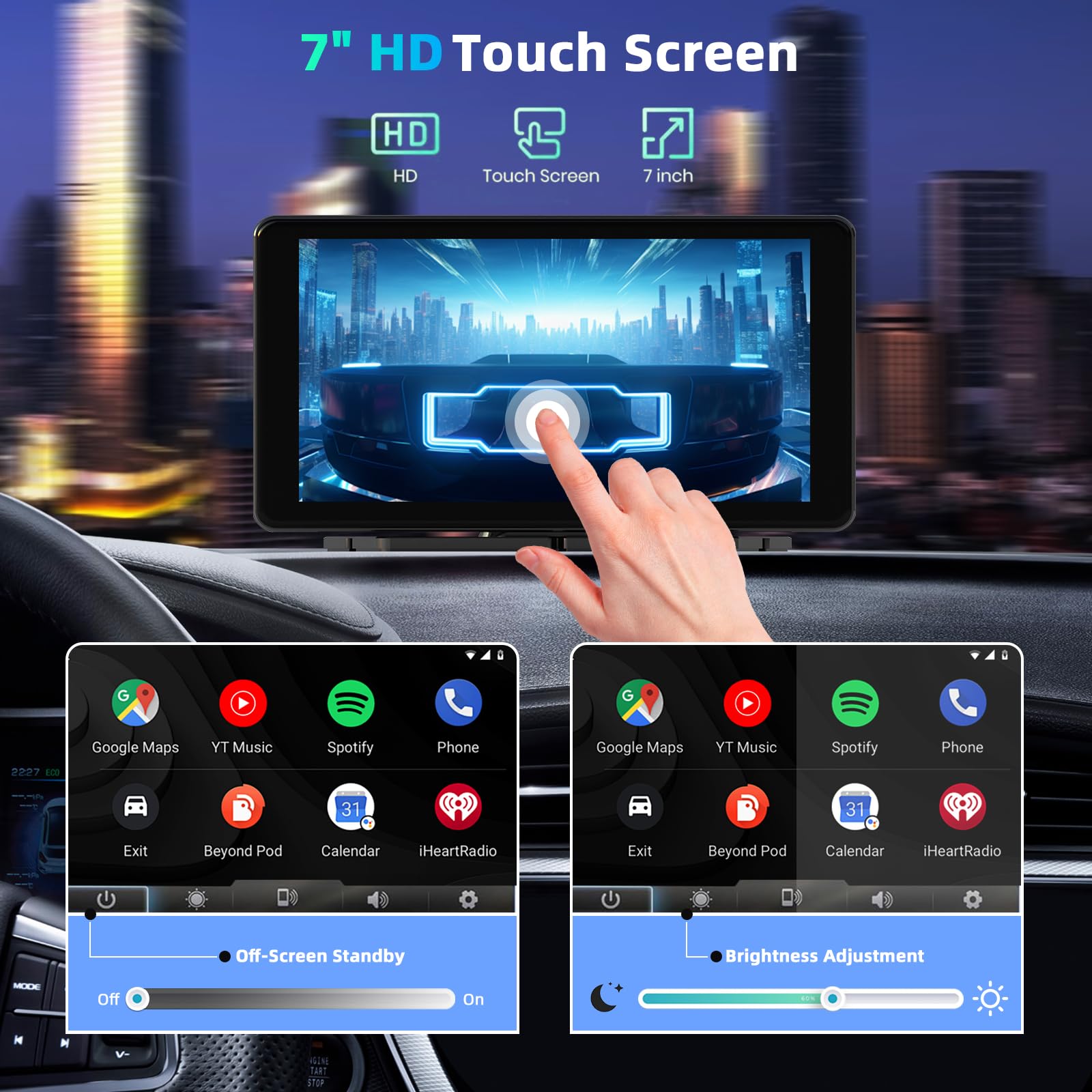 7 Zoll Wireless Carplay Display, Tragbarer Auto Display mit Carplay & Android Auto, Auto Bildschirm mit GPS Navigation, Siri/G00gle Assistant, Mirror Link, Bluetooth, FM für alle Vehicles