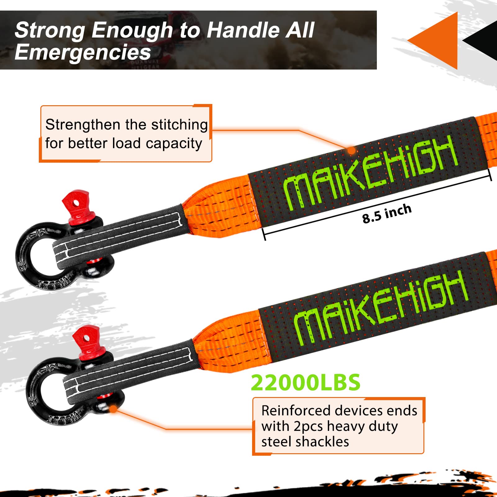 MAIKEHIGH Abschleppseil 5M x 5cm, 10 Tonnen (22,000 Lbs) Polyester Tow Rope Kit Für Off-Road Recovery Mit 2 Verstärkten Haken und 2 Handschuhen