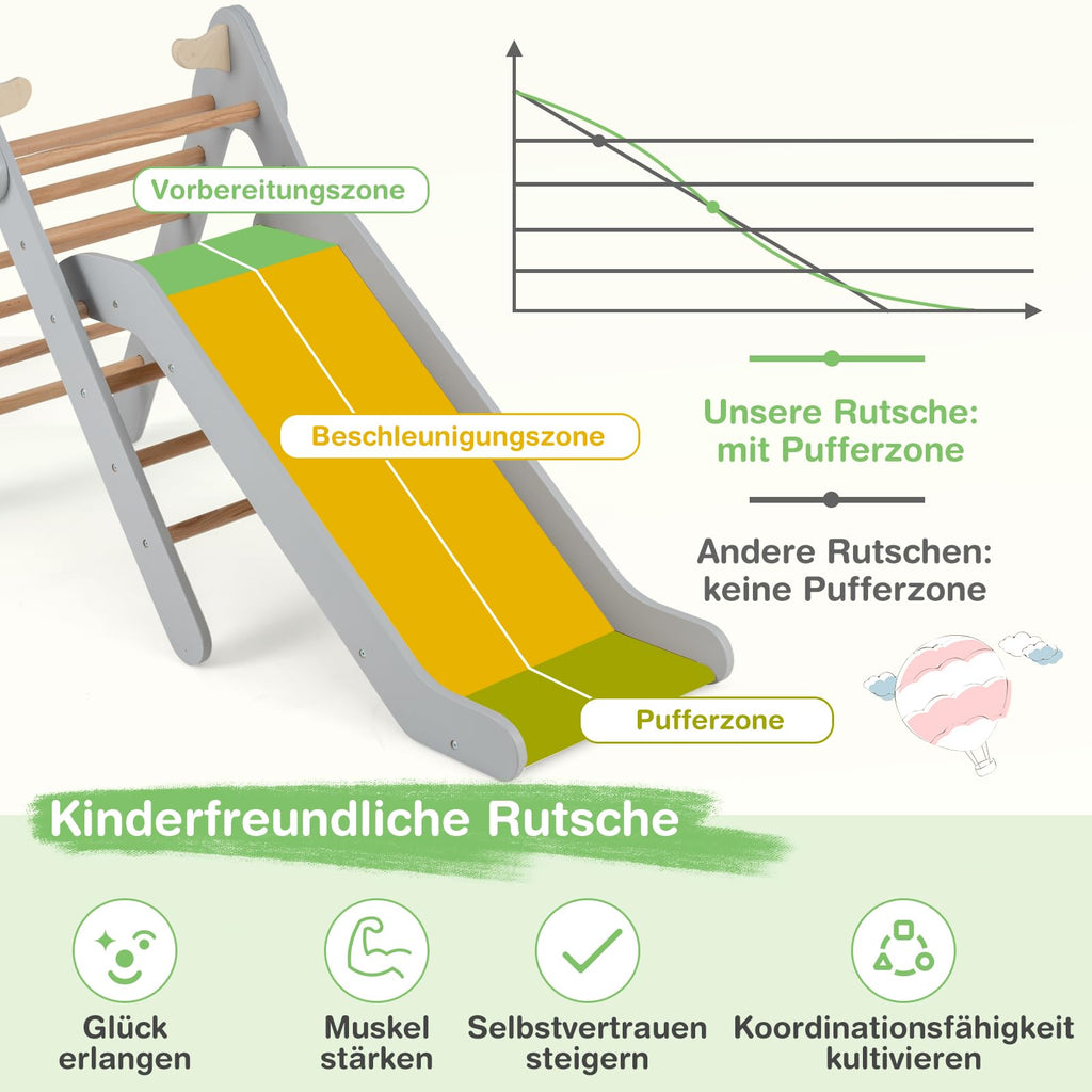 COSTWAY Kletterdreieck mit Rutsche, Klettergerüst aus Holz, Sprossendreieck zum Rutschen und Klettern, für Kinder ab 1 Jahre (Grau)
