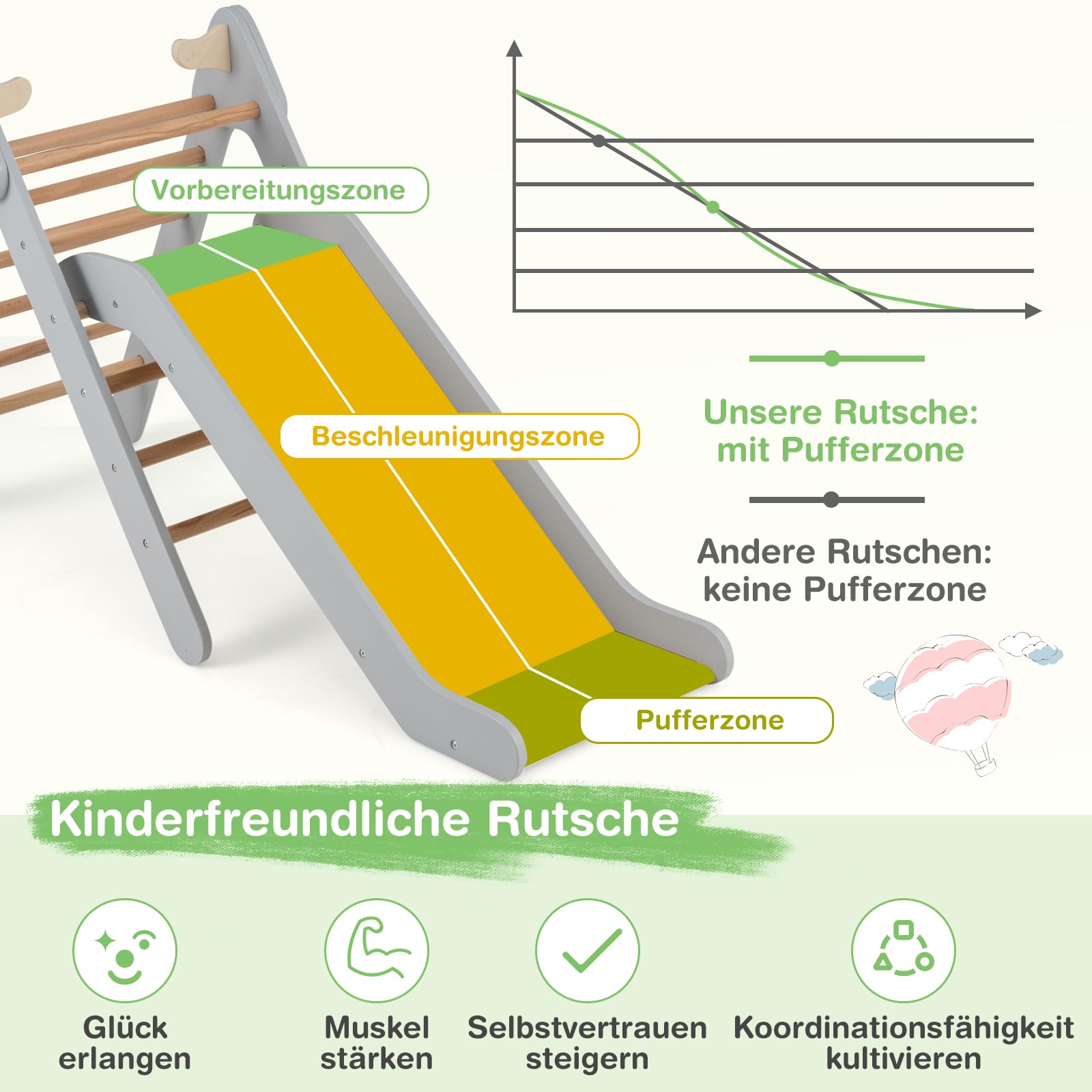 COSTWAY Kletterdreieck mit Rutsche, Klettergerüst aus Holz, Sprossendreieck zum Rutschen und Klettern, für Kinder ab 1 Jahre (Grau)