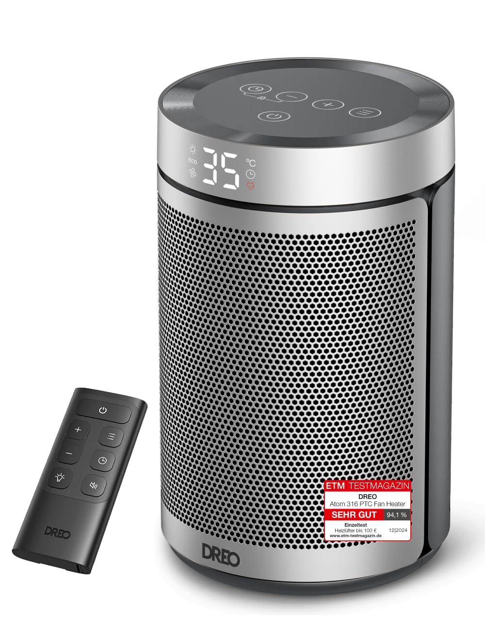 Dreo Energiesparender Heizlüfter, 34 dB Leiser 1500W Elektrischer PTC Keramik, Thermostat, Überhitzungs- & Kippschutz, 12 Std. Timer, Elektroheizung für Räume Schlafzimmer, Atom 316, Silber