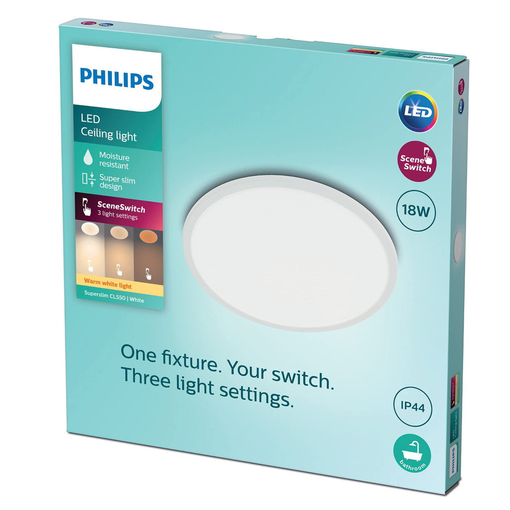 Philips LED Badezimmer Deckenleuchte Superslim (18 W), 3 Lichteinstellungen, warmweißes Licht, dimmen ohne Dimmer, IP44 Schutz, weiß, 30cm