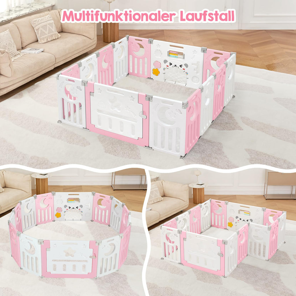Dripex Laufstall Baby faltbar 150x150x62cm (14 Paneele) mit Spielboard, Laufgitter Baby, Kinderlaufstall & Babyzaun aus strapazierfähigem Plastik, Playpen für Innen & Außen, Rosa