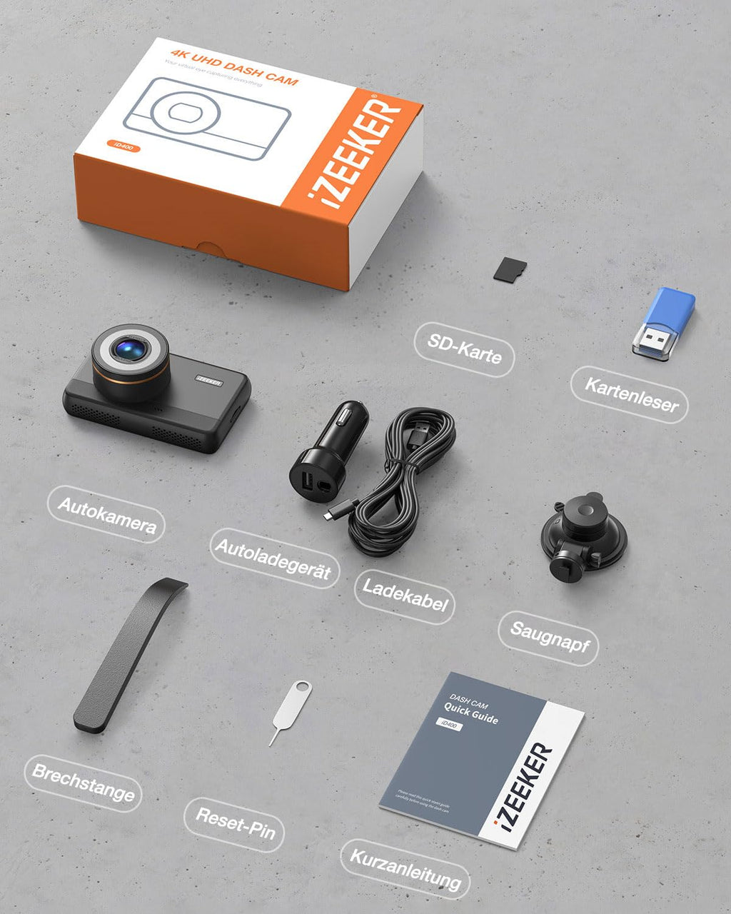 iZEEKER 4K Dashcam Auto, WiFi Dash Cam mit 32GB Karte, Front Auto Kamera mit Nachtsicht, 24/7 Parküberwachung, WDR, 170° Weitwinkel, Loop-Aufnahme, G-Sensor