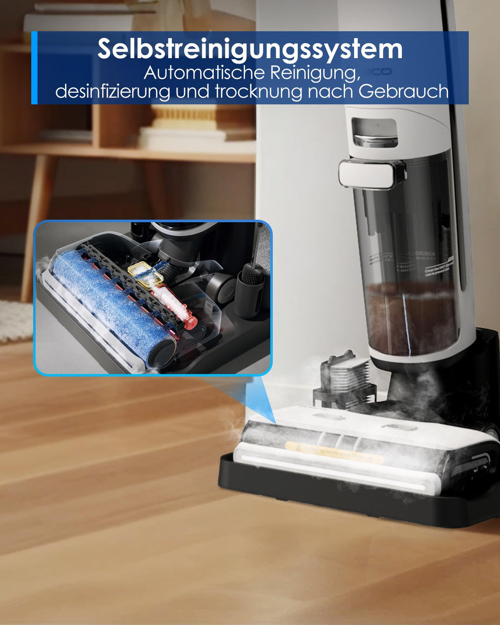 Tineco Floor ONE S7 Steam Schnurloser Dampfreiniger, Dampfmop für Verschmutzungen auf Hartböden mit Digitalanzeige, Selbstreinigung, Kantenreinigung, Vorwärtsantrieb, sicher für Kinder und Haustiere