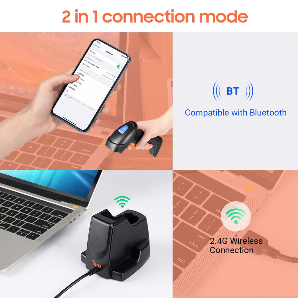 Tera Pro Extreme Leistung 1MP-Kamera Barcodescanner QR 2D 1D Bluetooth Barcode Scanner Wireless 2,4G mit USB Ladestation Hochauflösendes Scannen, HW0007