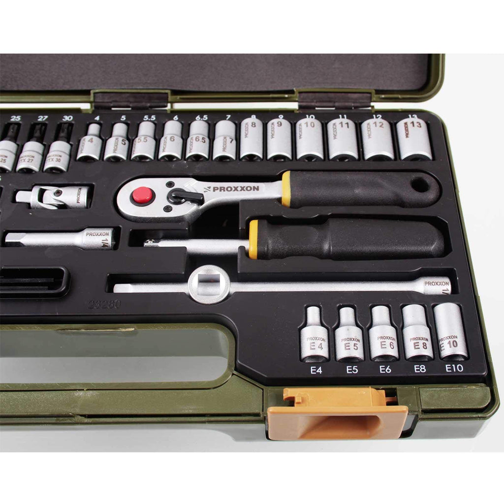 PROXXON Steckschlüsselsatz, Feinmechaniker-Satz mit 1/4"-Umschaltratsche sowie Schraubendrehergriff, 50-teiliges Werkzeug-Set mit Kunststoffkoffer, 23280