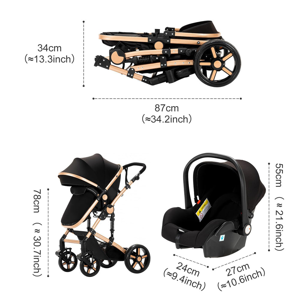 Reenborn Kinderwagen 3 in 1, Buggy mit Zwei Umkehrbaren Schiebemodi, Kinderwagen mit Rahmen Aluminiumlegierung, Babywagen 3 in 1 Komplettset mit Ein-Klick-Faltdesign Hohe Landschaft (588 Black Gold)