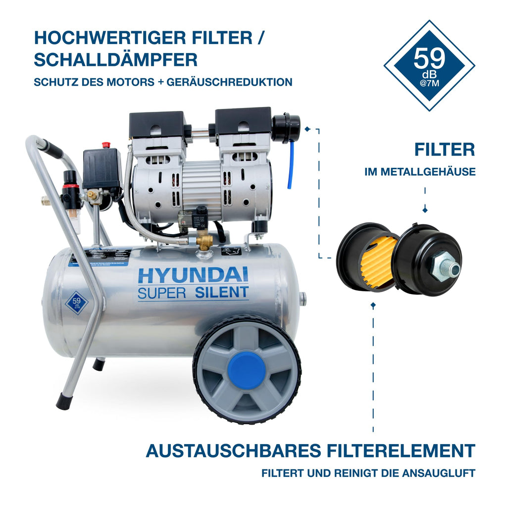 HYUNDAI Silent Kompressor SAC55752 | 24L Kessel, 8bar, ölfrei | 0.75kW / 1.0PS | Ansaugleistung 125 L/Min | Öl-Wasserabscheider | 59dB Luftkompressor leise, Flüster-Kompressor