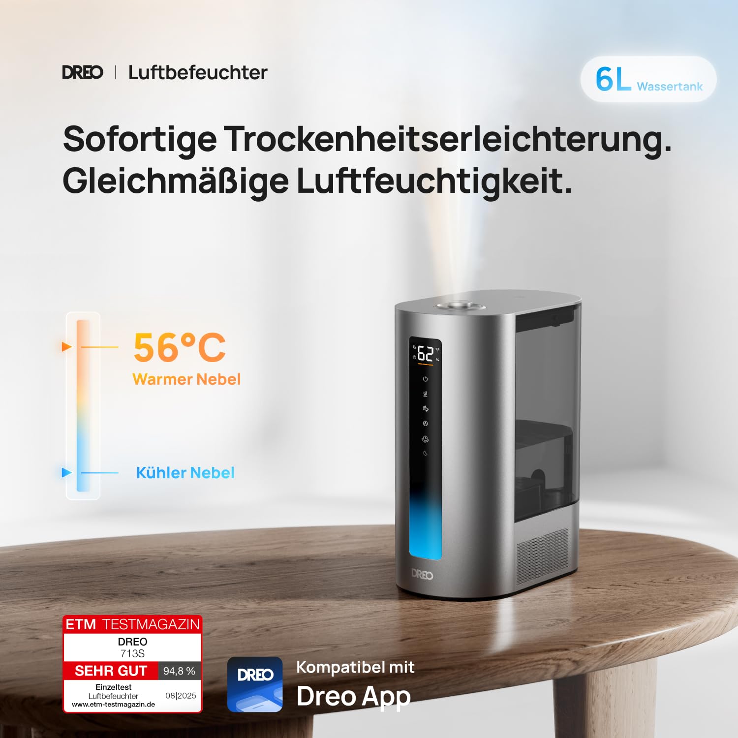 Dreo 6L Smart Luftbefeuchter für große Räume, Warm- und Kaltnebel für Schlafzimmer, 60 Std. Laufzeit, präziser Feuchtigkeitssensor, Aromadiffusor und kompatibel mit Alexa.