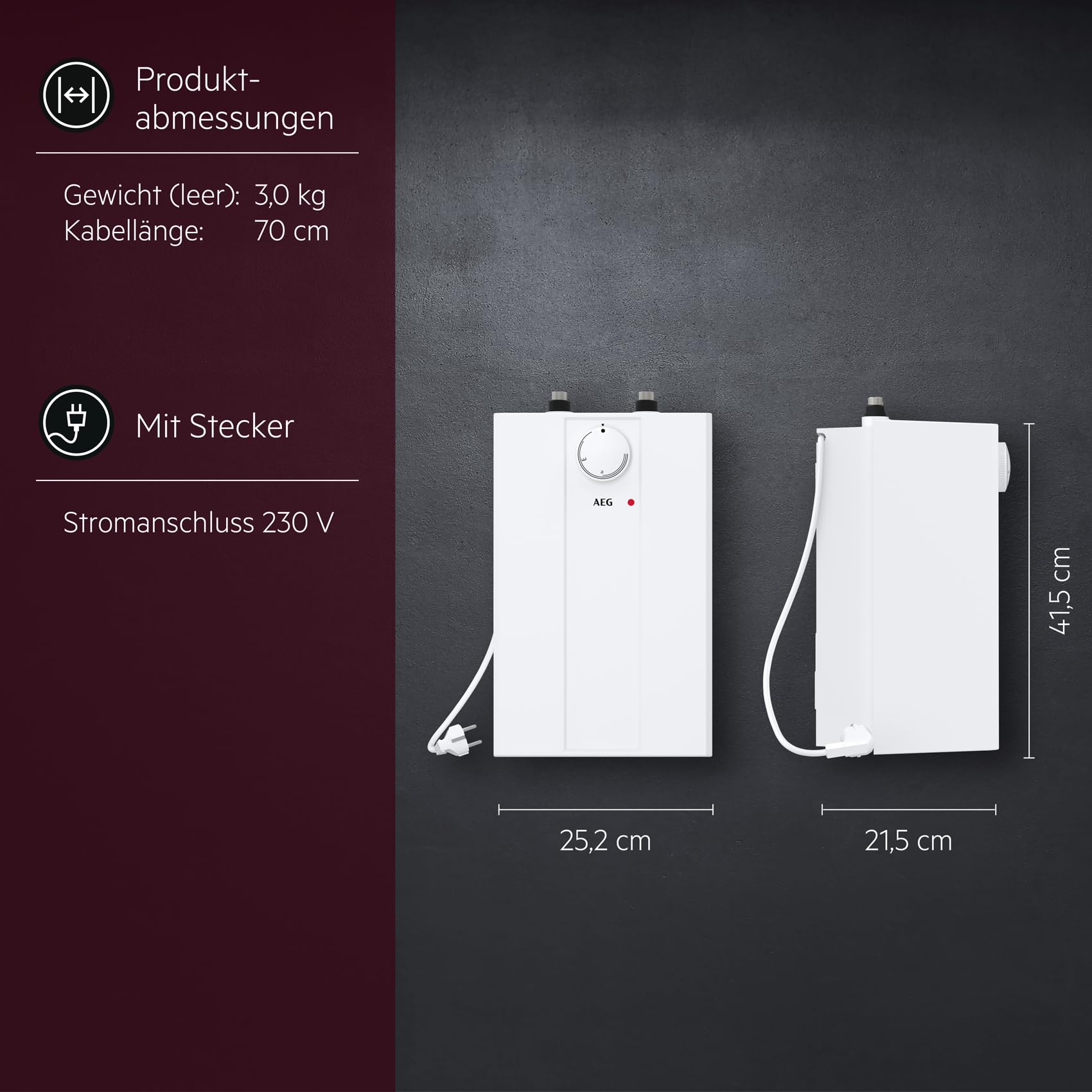 AEG druckloser Kleinspeicher Huz 5 Basis, Untertischboiler 5 Liter Niederdruck, steckerfertig, 2 kW, 222162