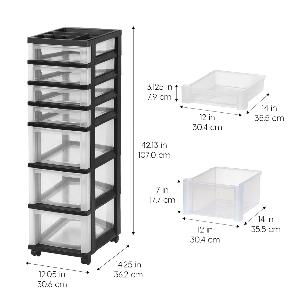 Iris USA Organizer mit Schublade aus Kunststoff, Rollwagen mit Rollen, 7 Schubladen, für Klassenzimmer, Kunsthandwerk, Kommode, Schrank, Badezimmer, Waschküche, Schwarz/Transparent