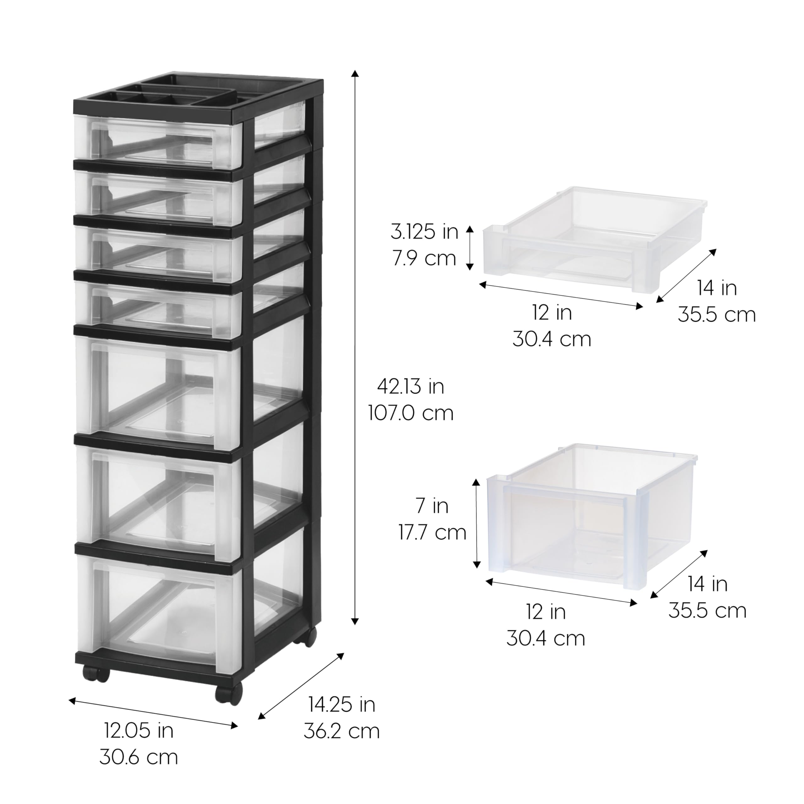 Iris USA Organizer mit Schublade aus Kunststoff, Rollwagen mit Rollen, 7 Schubladen, für Klassenzimmer, Kunsthandwerk, Kommode, Schrank, Badezimmer, Waschküche, Schwarz/Transparent