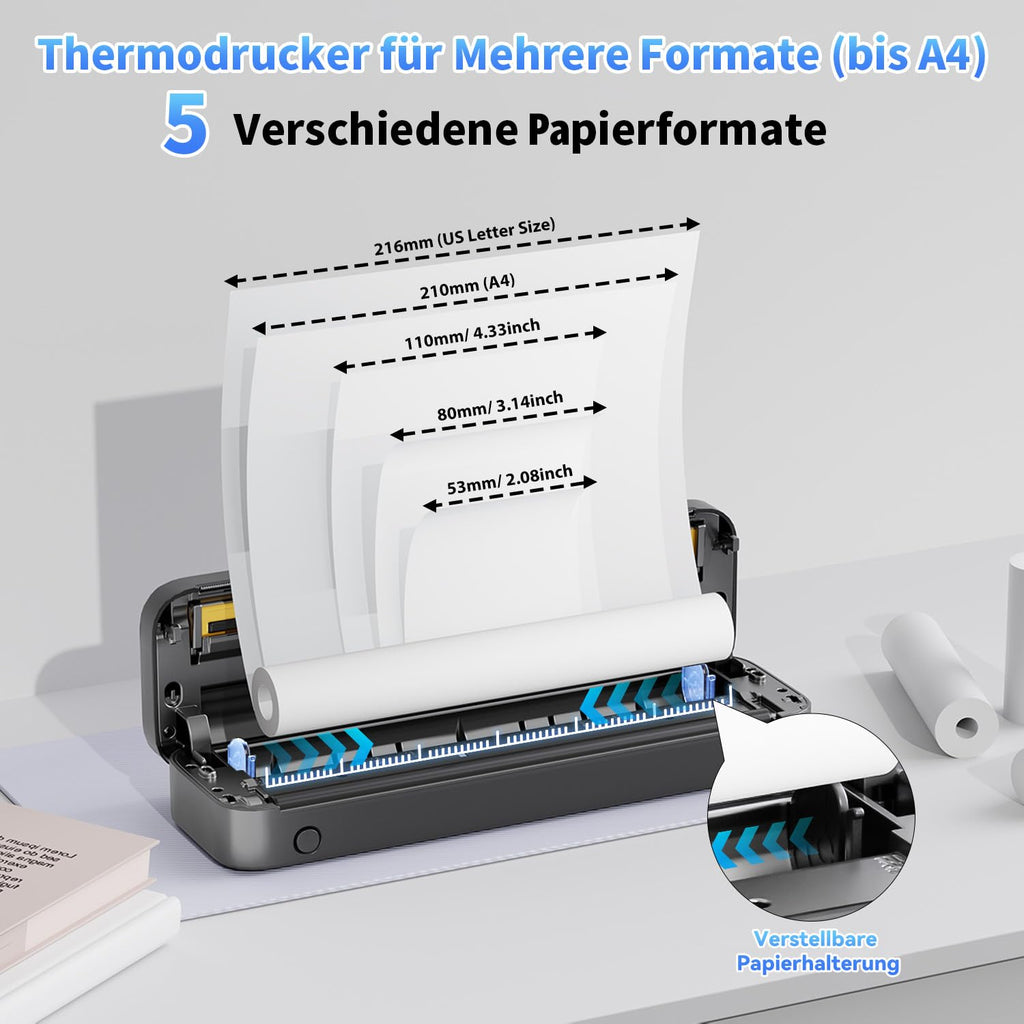 Phomemo M833 Thermodrucker A4 für Unterwegs, Kabelloser Tragbarer Drucker 300DPI, Mobiler Drucker für Rechnungen, Studium, Zuhause, Geschäft, Schule, Kompatibel mit iOS, Android und PC, Schwarz
