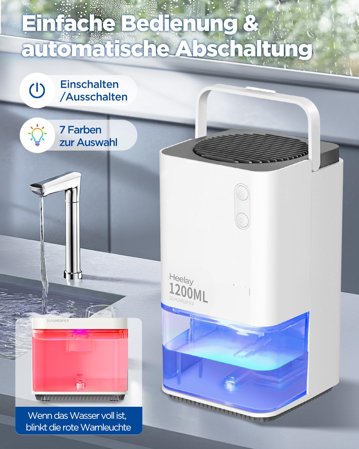 Heelay® Luftentfeuchter, 1200ML Kleiner Energiesparender Elektrischer Luftentfeuchter,Tragbar,Ultra Leise,Auto Abschaltung,7 Farbiges Licht,Raumentfeuchter Dehumidifier für Schlafzimmer,Bad,Home