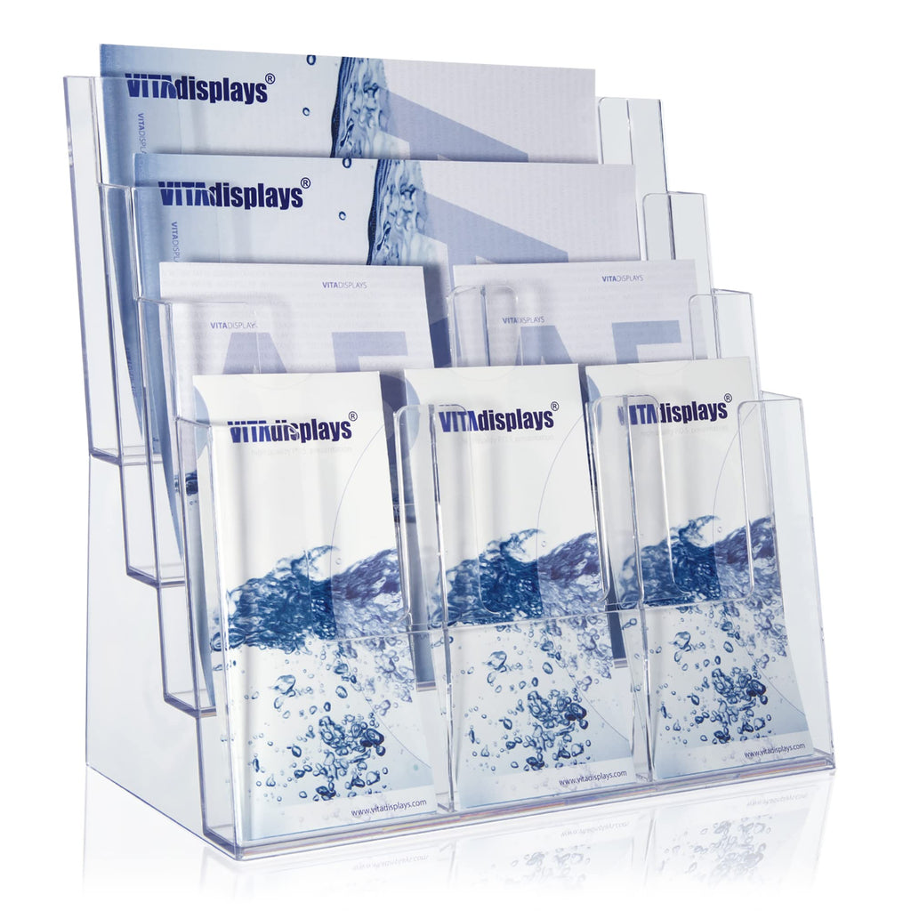 Taymar Prospektständer Tribüne für DIN A4, A5, DIN lang, DL, A6 Flyer, flexibler, transparenter Tischprospektständer als standfester Aufsteller, Flyerständer mit 4 Etagen, optional als Wand-Prospekthalter