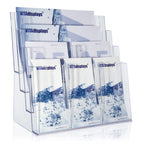 Taymar Prospektständer Tribüne für DIN A4, A5, DIN lang, DL, A6 Flyer, flexibler, transparenter Tischprospektständer als standfester Aufsteller, Flyerständer mit 4 Etagen, optional als Wand-Prospekthalter