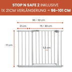 hauck Stop N Stop 2, Silber – Schutzgitter Treppe und Tür 96–101 cm – Kindersicheres Absperrgitter ohne Bohren – Manuelle 1 Hand Öffnung – nur für Innen - Auch für Hunde