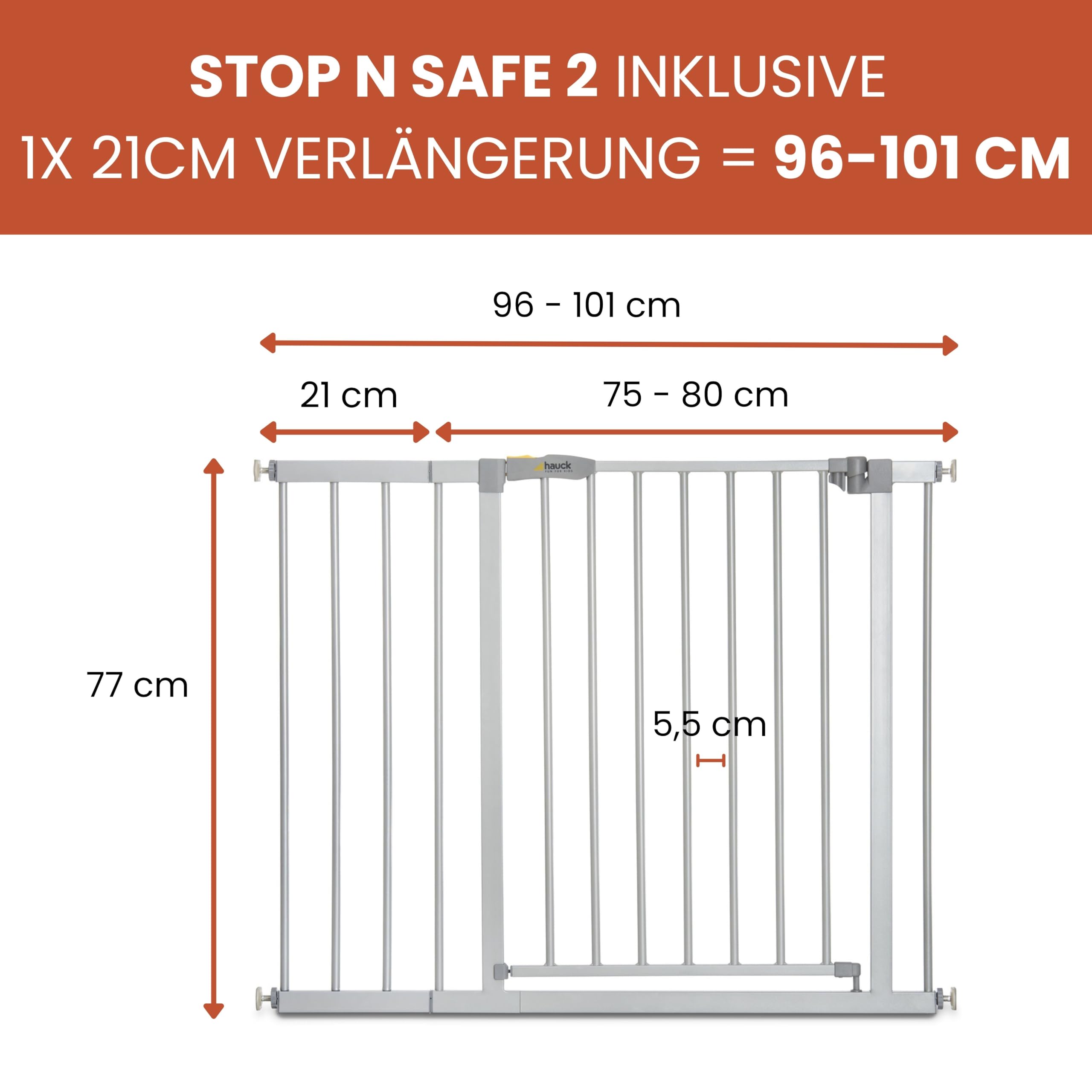 hauck Stop N Stop 2, Silber – Schutzgitter Treppe und Tür 96–101 cm – Kindersicheres Absperrgitter ohne Bohren – Manuelle 1 Hand Öffnung – nur für Innen - Auch für Hunde