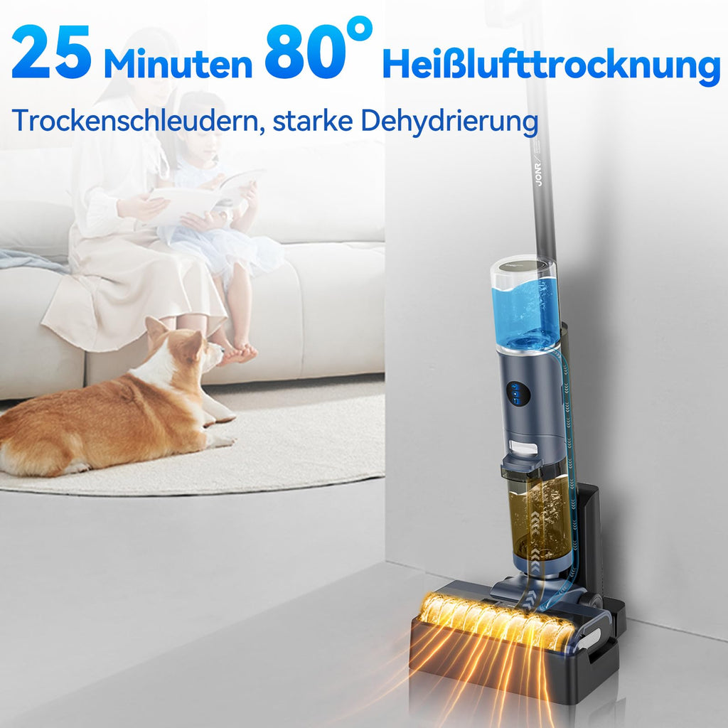 JONR ED12 Pro Nass Trockensauger Akku, Kabelloser Saugwischer, Dreikantenreinigung, Heißwasser-Selbstreinigung Heißluft-Trocknung, 850mL Wassertank, Anti-Verwirrungs-Haar für Hartböden, Tierhaare
