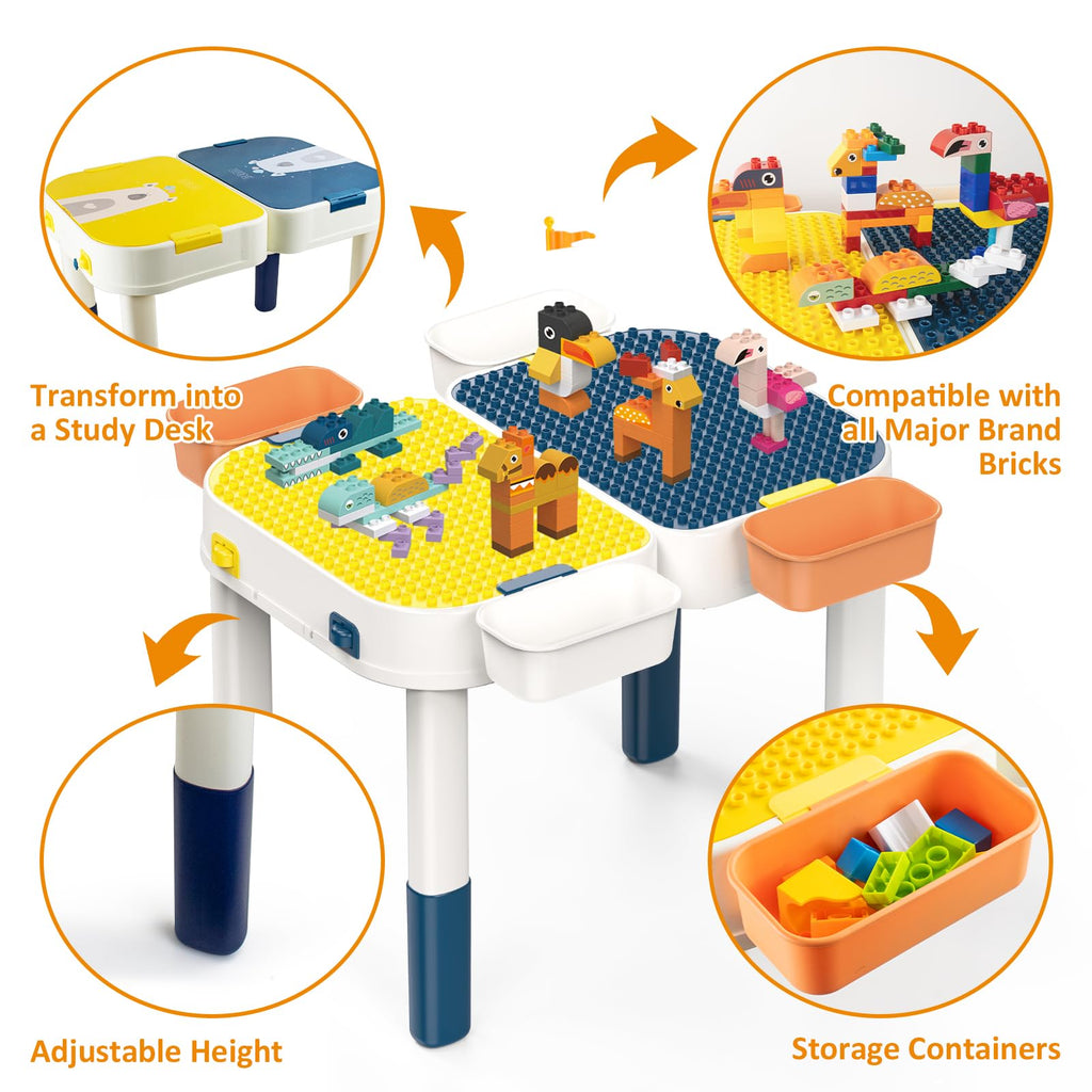 RedCrab Kindertisch Set Bausteintisch mit Aufbewahrung, Kinder Spieltisch Kompatibel mit Bausteinen Spielzeug, Multifunktionaler Aktivitätstisch - Umwandelbar in Gepäck mit Rollen