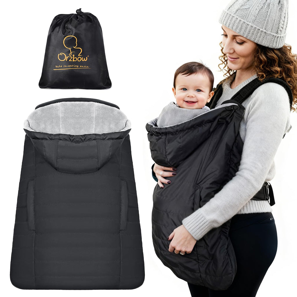 Orzbow Regenschutz Babytrage, Tragecover Babytrage Winter mit Abnehmbares Oberteil, Universal Wintercover Babytrage mit Korallenvlies-Futter, Vordertasche, Reißverschluss Unten, Schwarz