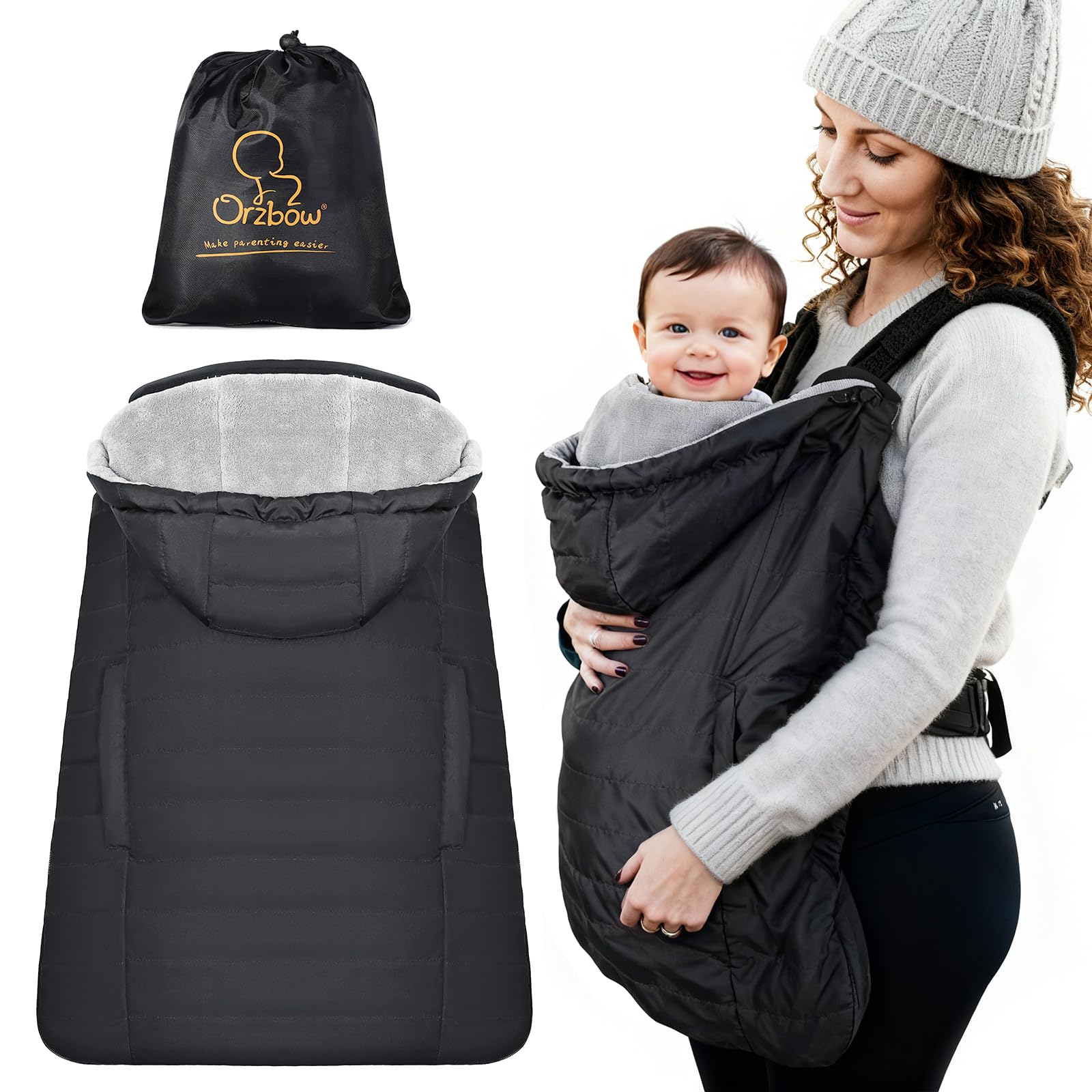 Orzbow Regenschutz Babytrage, Tragecover Babytrage Winter mit Abnehmbares Oberteil, Universal Wintercover Babytrage mit Korallenvlies-Futter, Vordertasche, Reißverschluss Unten, Schwarz