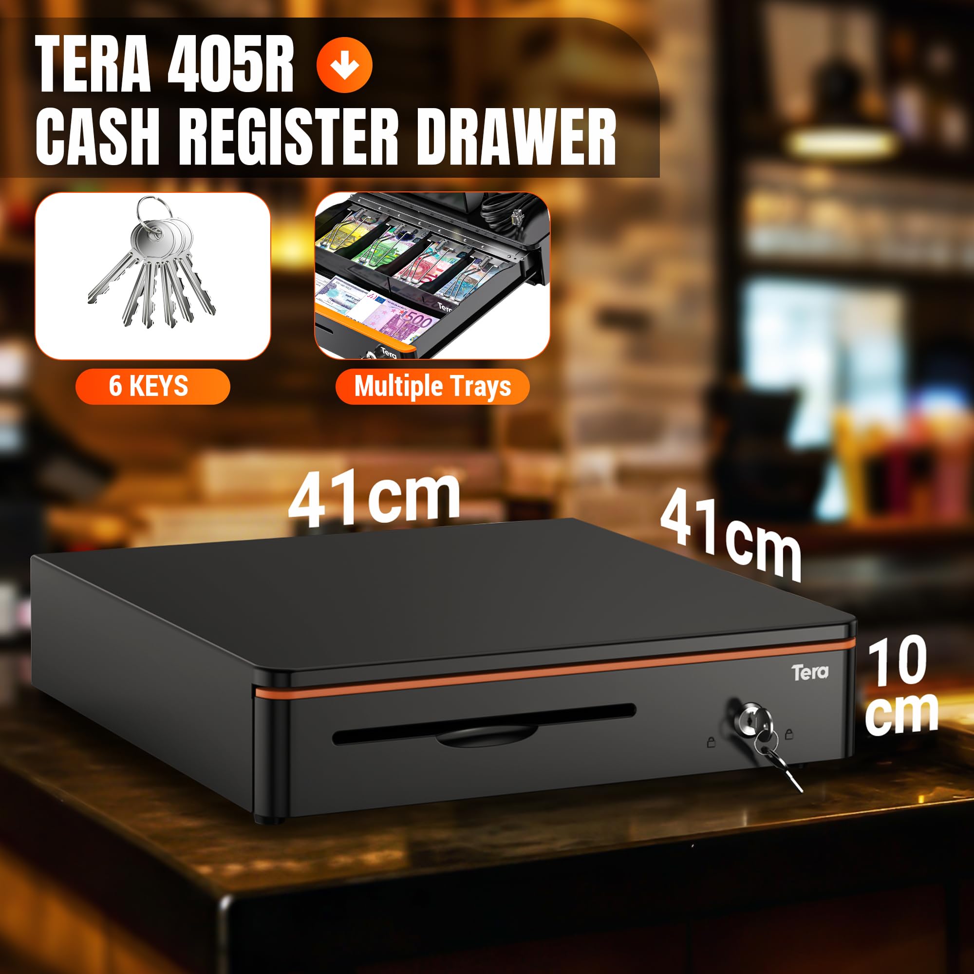 Tera Geldkassette Kassenlade Abschließbar Münzfach：40,5 × 40 × 10,2 cm 4 Scheinfächer 8 Münzfächer mit Einsatz RJ12 Schlüssel Mikroschalter für Registrierkasse POS Supermarkt Einzelhandel Modell 405R