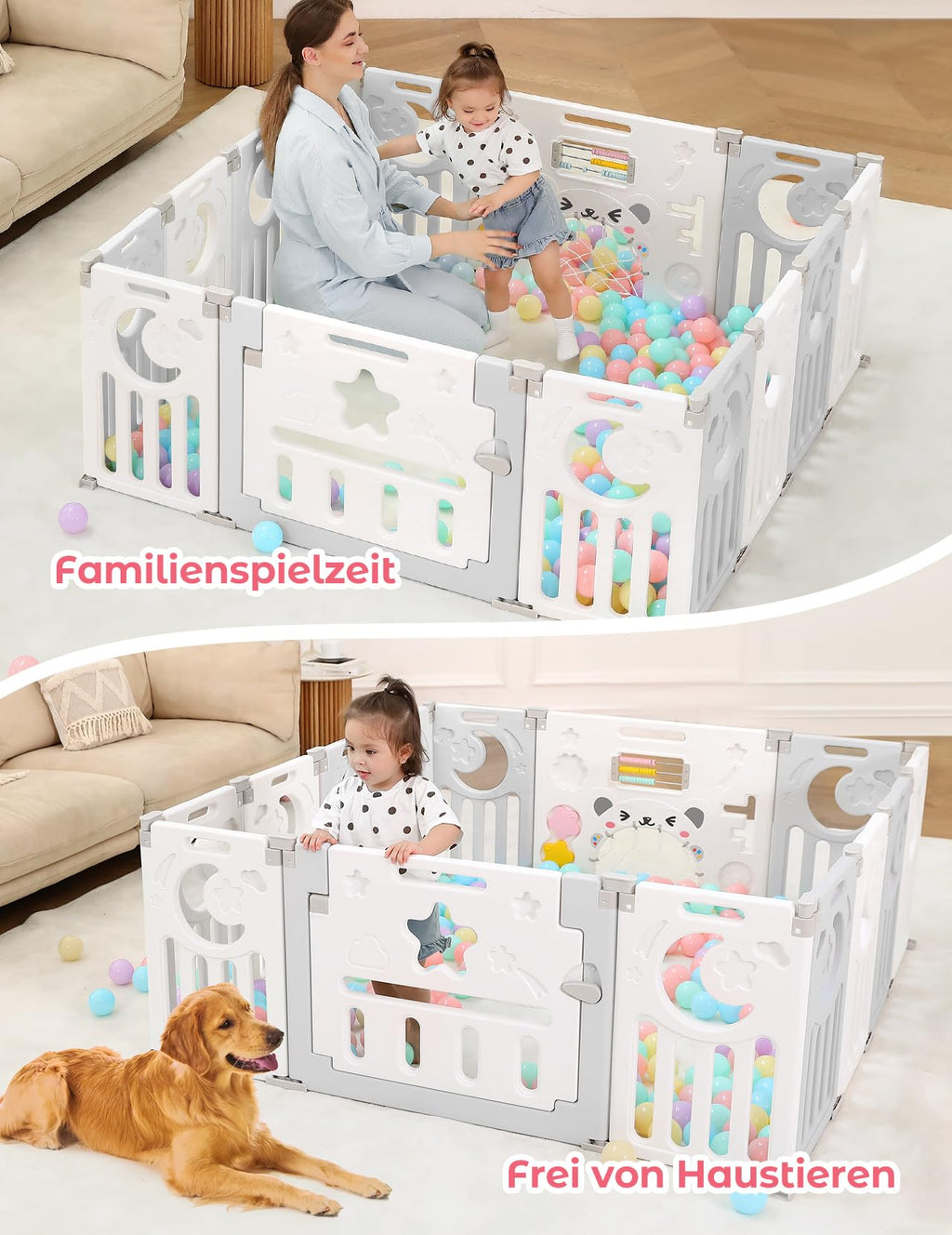 Dripex Laufstall Baby faltbar 150x150x62cm (14 Paneele) mit Spielboard, Laufgitter Baby, Kinderlaufstall & Babyzaun aus strapazierfähigem Plastik, Playpen für Innen & Außen, Grau