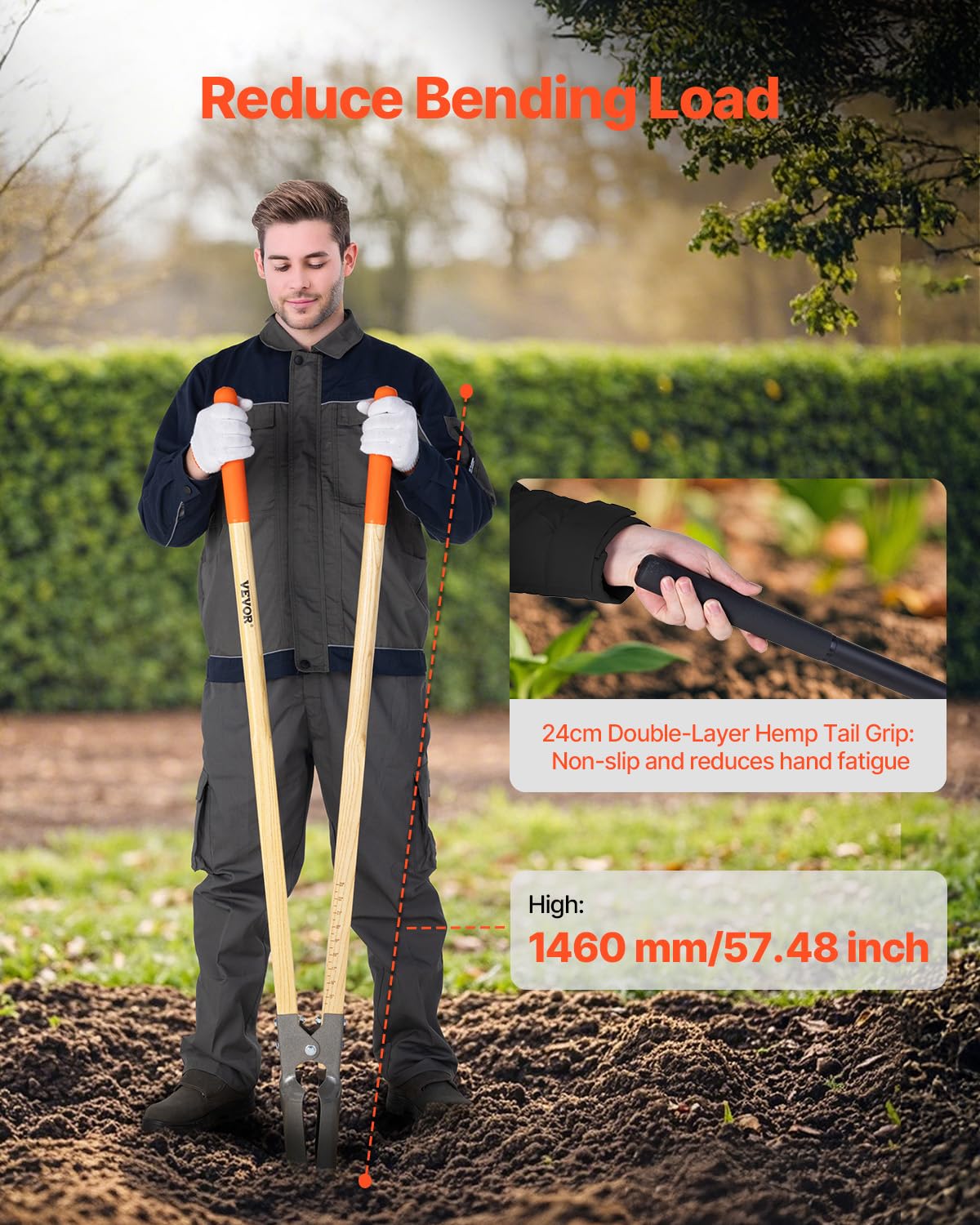 VEVOR Erdlochausheber 146cm, robuster Erdlochheber mit Holzgriff, Handbagger mit Skalenmarkierungen und Metallklinge, Pfostenlochspaten-Werkzeug zum Graben von Gartenarbeiten im Freien
