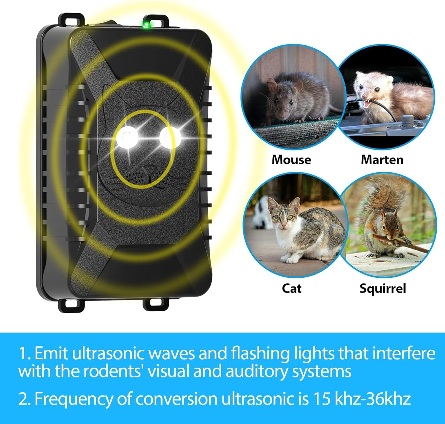 MEKEET Marderschreck, Testsieger Mit Marder, Marderabwehr Dachboden Mit Ultraschall & Blinklicht, Marderschutz FüR Kfz, Motorraum, Haus, Garage, Keller FüR 90m²
