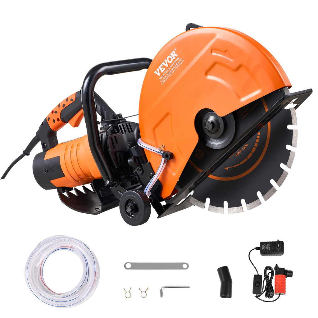 VEVOR Elektrische Betonsäge, 356 mm, Hochleistungs-Kreissäge 2800 W, Schnitttiefe 127 mm, Nass-/Trocken-Scheibensäge mit Wasserrohr, Wasserpumpe, Sägeblatt, für Stein und Ziegel