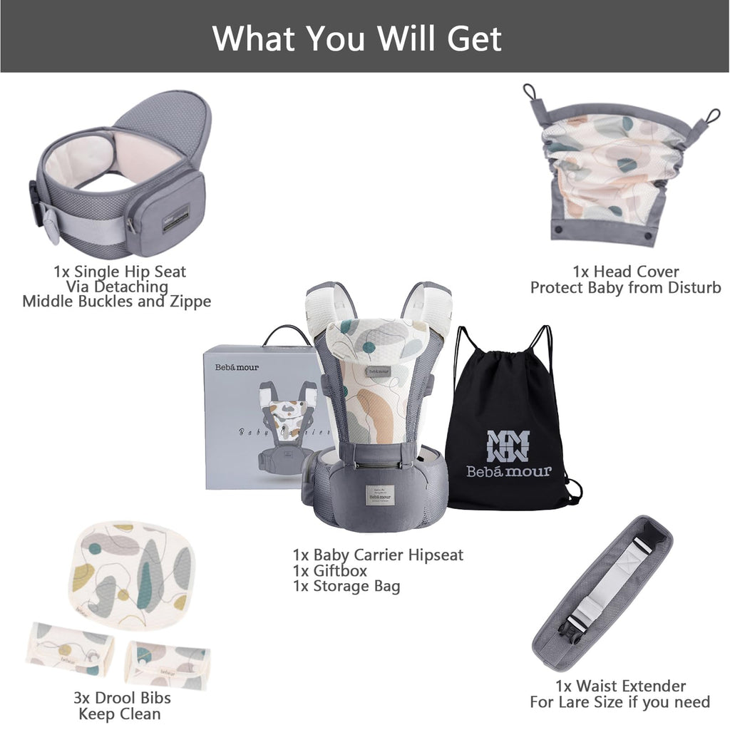 Bebamour Babytrage für Neugeborene bis Kleinkinder, Hüftsitz, 0-36 Monate, Kopfhaube, 3 Stück Zahnungspads, Taillenverlängerung, Grau