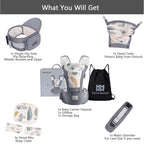 Bebamour Babytrage für Neugeborene bis Kleinkinder, Hüftsitz, 0-36 Monate, Kopfhaube, 3 Stück Zahnungspads, Taillenverlängerung, Grau