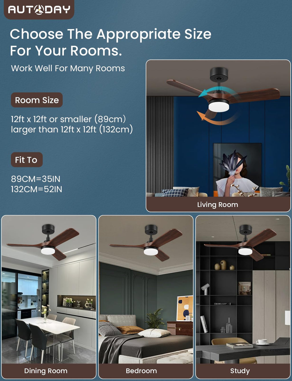 AUTODAY Holz Deckenventilator mit Beleuchtung,leiser Gleichstrommotor,90 cm deckenventilator outdoor,3 hölzern Flügel,dimmbarem LED 24W,Fernbedienung mit Memory-Funktion,6 Geschwindigkeiten,Timer