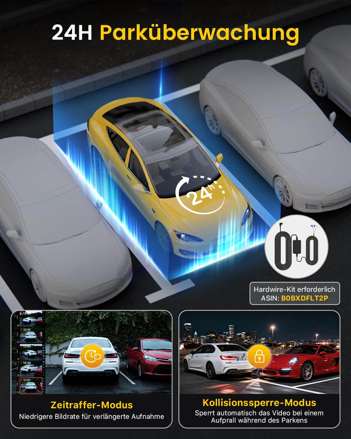 GKU 4K Dashcam Auto Vorne Hinten, 5GHz WiFi Dashcam mit 64GB SD Karte, Auto Kamera mit Parküberwachung, Super Nachtsicht, WDR, 170° Weitwinkel, G-Sensor, Loop-Aufnahme, APP Steuerung, Max 256GB