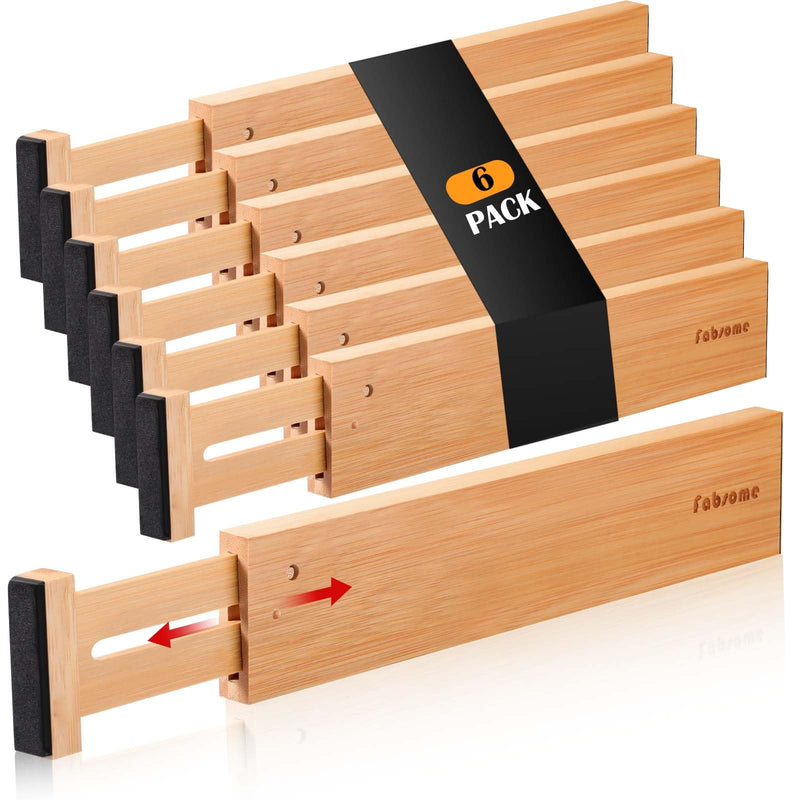 Fabsome Schubladenteiler, Bambus-Kommode, Organizer für Kleidung, Socken, Unterwäsche, Babykleidung, Holztrenner für Kinderzimmer, verstellbar von 31,8 cm bis 43,2 cm, mit weichen Schaumstoffenden, 6