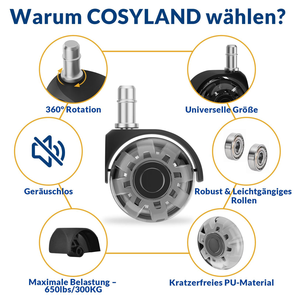 COSYLAND Bürostuhl Rollen 11mm x 22 mm - 5er Set Rollen für Bürostühle - Super Leise und Weiche für Hartböden, Parkett, Teppich, Laminat, Keine Bodenschutzmatte Nötig, Grau Doppelräder
