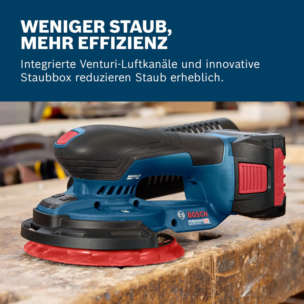 Bosch Professional 18V System Akku-Schleifer GEX 18V-150-3 (inkl. 1x Schleifpapier, 1x Staubbox, 1x Schutzring, L-BOXX 162)
