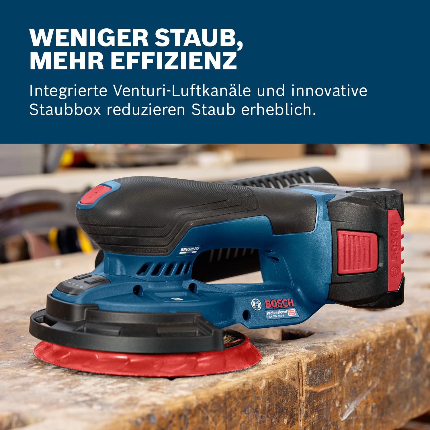 Bosch Professional 18V System Akku-Schleifer GEX 18V-150-3 (inkl. 1x Schleifpapier, 1x Staubbox, 1x Schutzring, L-BOXX 162)