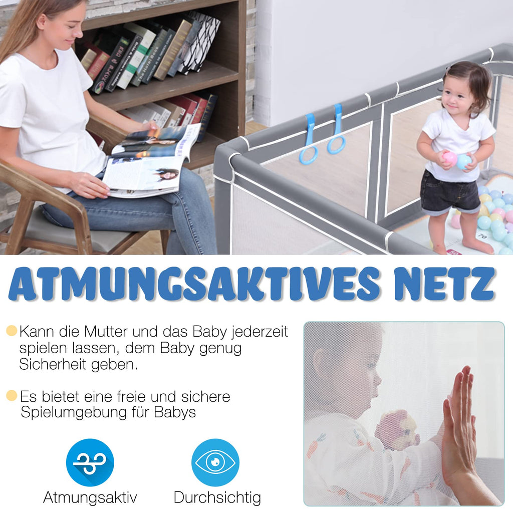 HENGMEI Baby Laufgitter Laufstall Absperrgitter 180x150cm Aktivitätszentrum mit Rutschfester Basis, atmungsaktivem Netz Sicherheitsspielplatz (180x150cm)