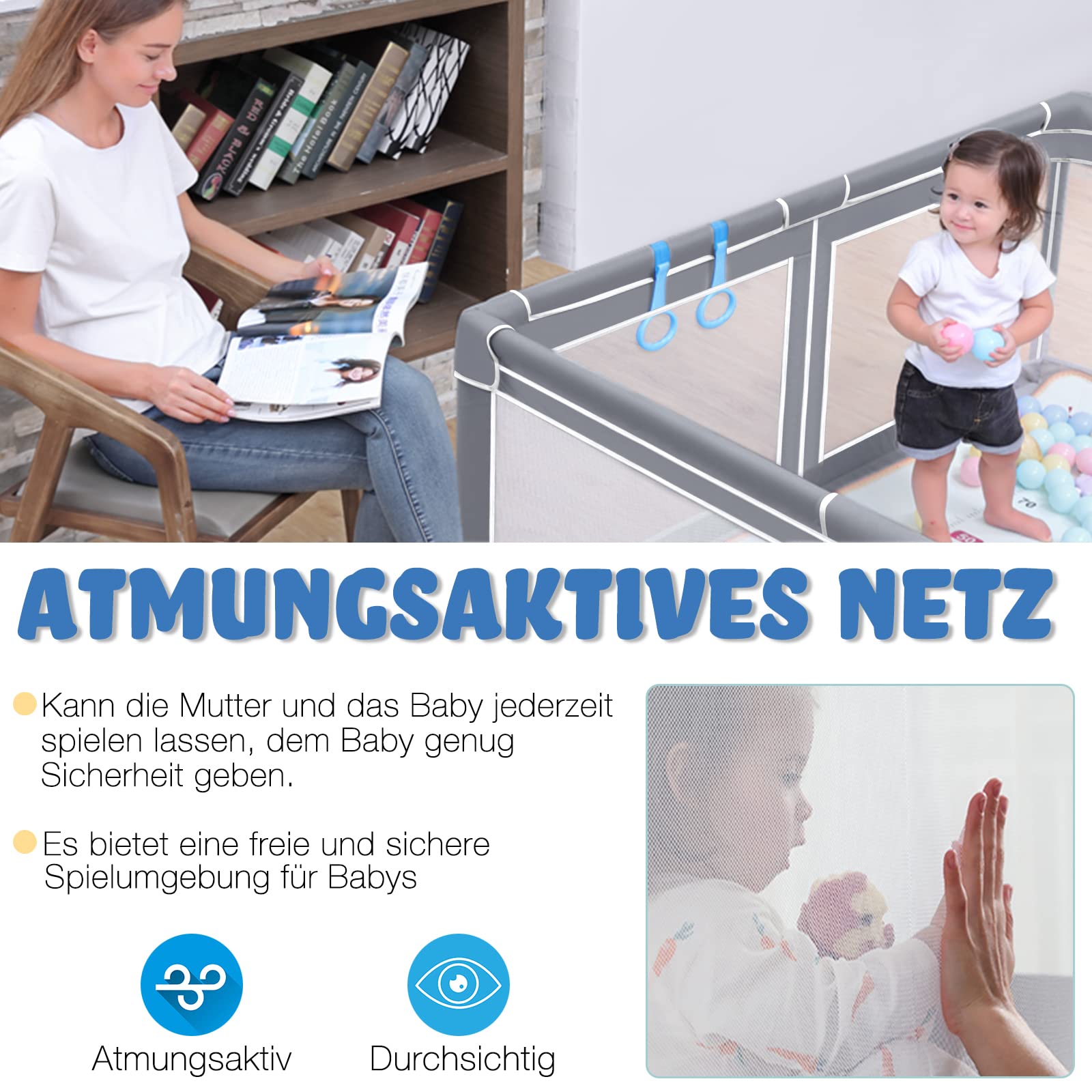 HENGMEI Baby Laufgitter Laufstall Absperrgitter 180x150cm Aktivitätszentrum mit Rutschfester Basis, atmungsaktivem Netz Sicherheitsspielplatz (180x150cm)