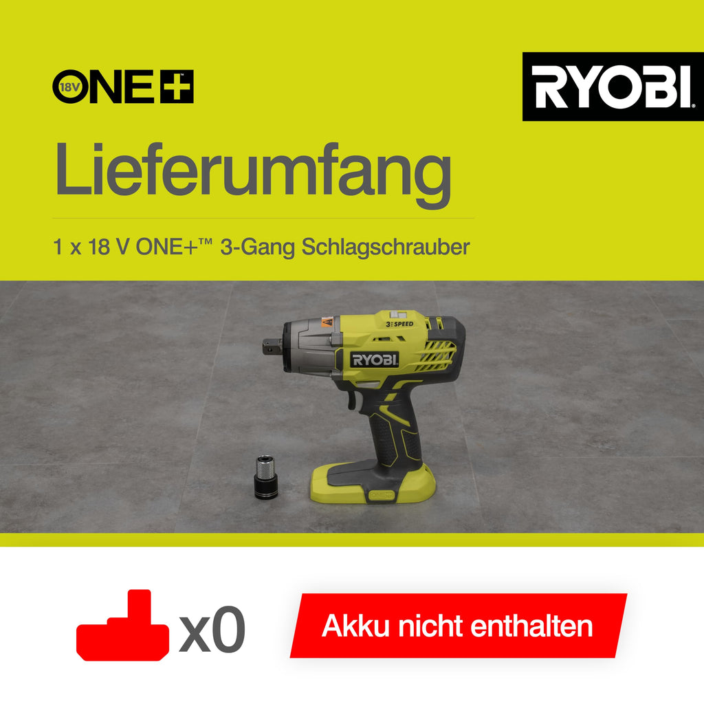 RYOBI 18 V ONE+ Akku-Schlagschrauber R18IW3-0 (max. Drehmoment 400 Nm, 1/2 Zoll Vierkant-Aufnahme, 3 Schaltstufen, Schlagzahl 0-3.200 min-1, LED-Beleuchtung, ohne Akku & Ladegerät im Karton)