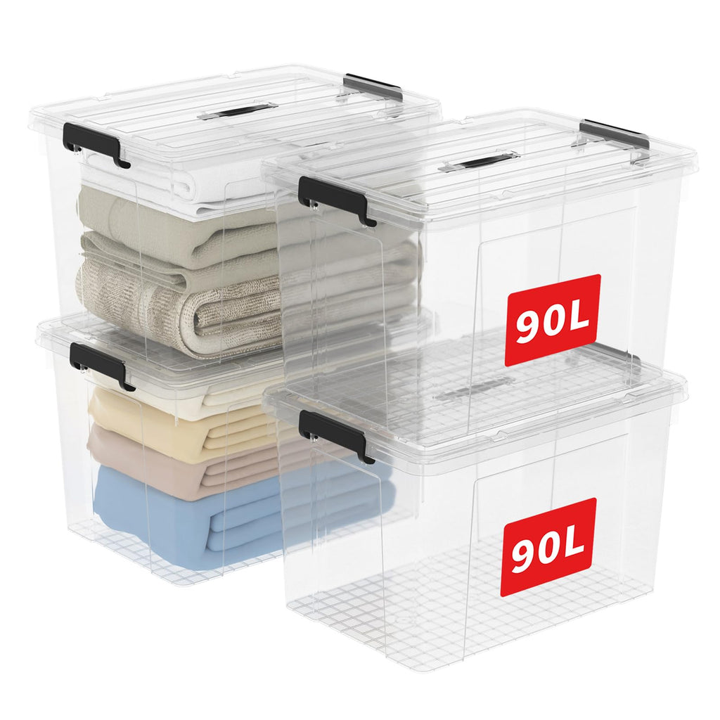Cetomo 90L*4 Aufbewahrungsboxen, Tragbare Plastikboxen mit Deckeln, Organizer-Behälter mit Griff und Clips, Stapelbar, Ineinander Nestbar, für Zuhause und Büro, Transparent, 90L-4er Pack